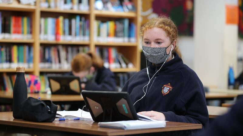 Student Aoife Brady during a ‘satellite’ class at St Mary’s College, Naas, Co Kildare. The school is splitting normal large classes into smaller ones where learning takes place remotely. Photograph: Nick Bradshaw