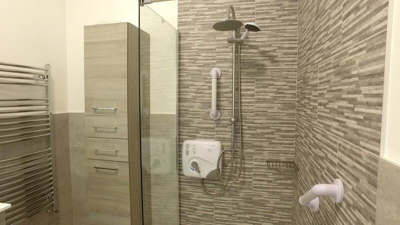 Shower room in Anne Hughes’s new apartment. Photograph: Grannyflats.ie