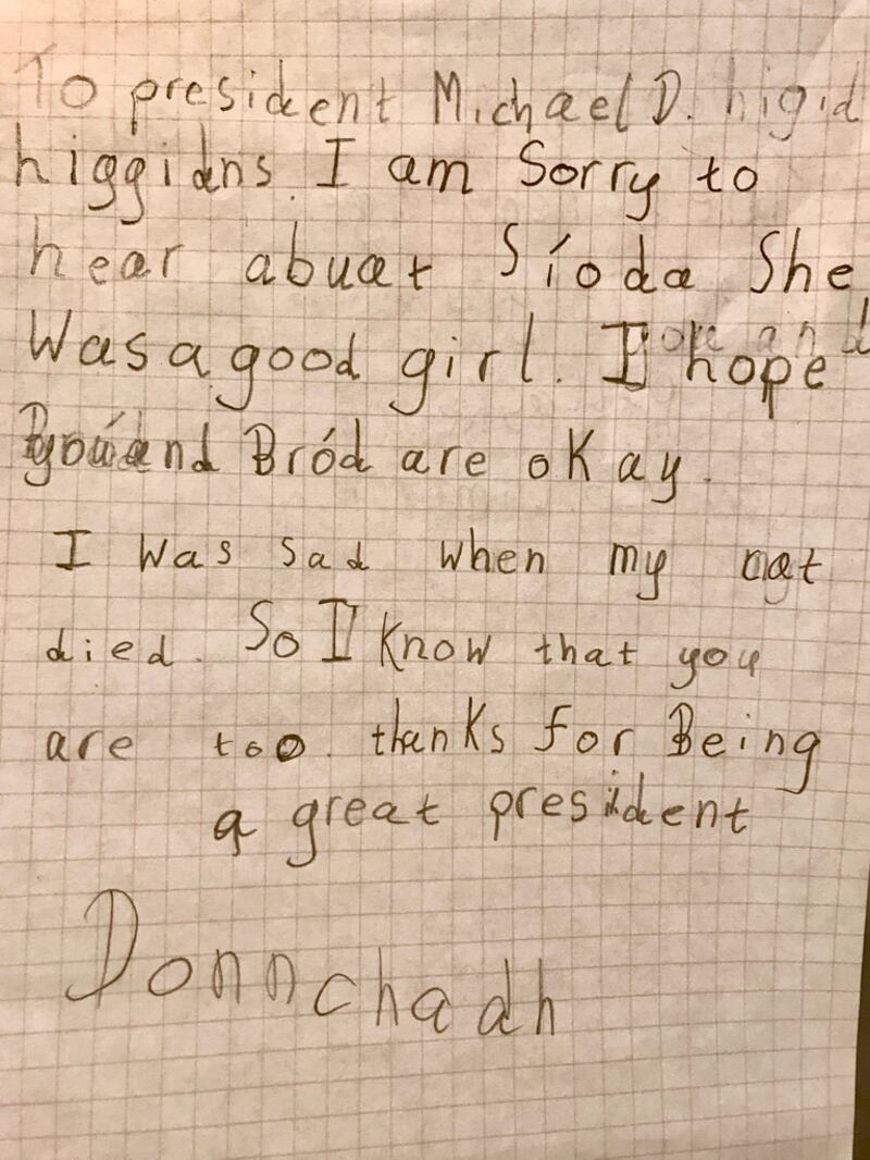 Letter from eight-year-old Donnchadh Guilfoyle, after the death of President Michael D Higgins’s dog Síoda