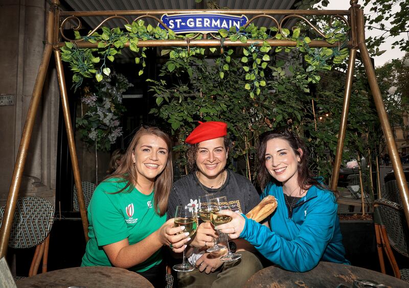Ireland fans Karen Bell from Kilcullen, Co Kildare, and Joanne Bracken from the Curragh with former Ireland women’s rugby international Jenny Murphy in Paris ahead of the quarter-final against the All Blacks. Photograph: Dan Sheridan/Inpho