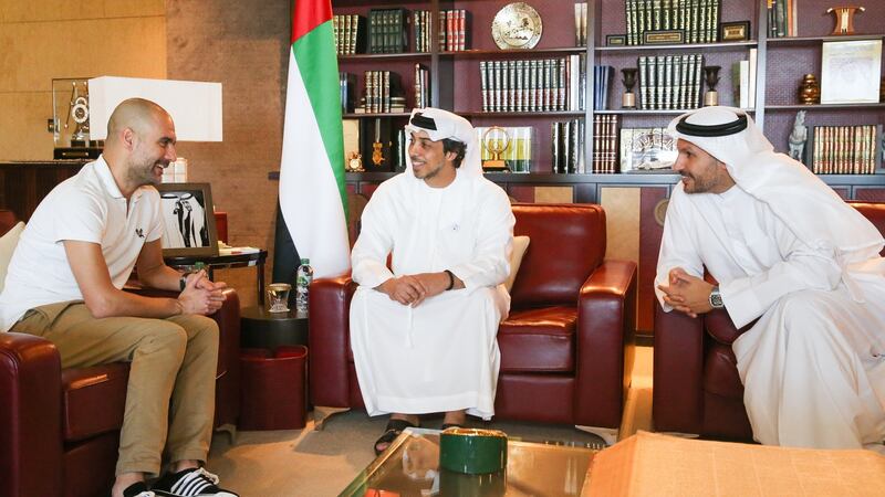 Pep Guardiola with Sheikh Mansour bin Zayed Al Nahyan (centre) and Manchester City chairman Khaldoon Al Mubarak at the Presidential Affairs Office in Abu Dhabi in 2018. Photograph: Victoria Haydn/Manchester City FC via Getty