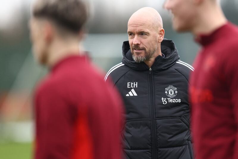 Erik ten Hag at training with Manchester United on Monday. Photograph: Darren Staples/AFP via Getty Images