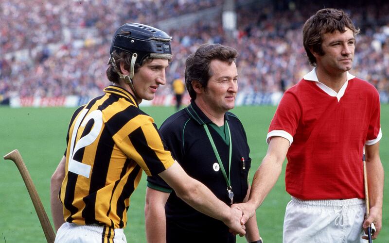 Kilkenny captain Liam Fennelly, Cork captain Jimmy Barry-Murphy and referee Neil Duggan at the coin toss in the 1983 All-Ireland final. Successive final defeats proved shattering for JBM. Photograph: Billy Stickland/Inpho