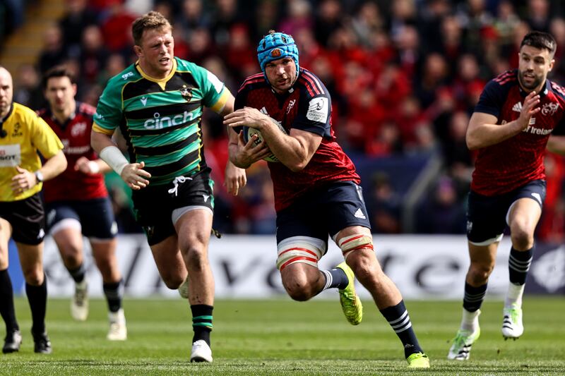 Tadhg Beirne makes a break in Northampton Saints vs Munster at Cinch Stadium at Franklin's Gardens, Northampton, England. Photograph: Ben Brady/Inpho