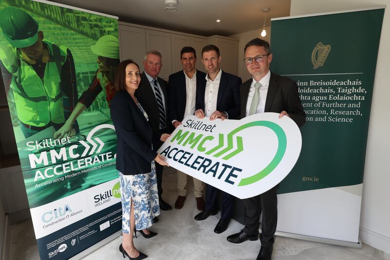 Suzanne Purcell, CITA Skillnet network manager; Mark Jordan, chief strategy officer, Skillnet Ireland; Jason Van Hout, director of design and innovation, Glenveagh; Conor Murtagh, chief strategy officer, Glenveagh; and Patrick O'Donovan, Minister for Further and Higher Education, Research, Innovation and Science, at the launch of Skillnet Ireland's new national iInitiative Skillnet MMC Accelerate