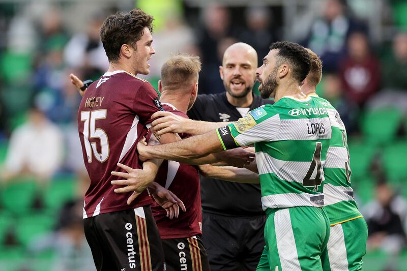 Tempers flare between Galway's Patrick Hickey and Roberto Lopes of  Shamrock Rovers at Tallaght Stadium. Photograph: Laszlo Geczo/Inpho 