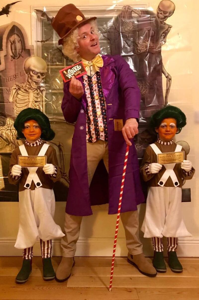 Willy Wonka and his Oompa Loompas. Karl Butler and his twin sons Kallum an Adam from Templeogue, Dublin. Photograph: Niamh Butler