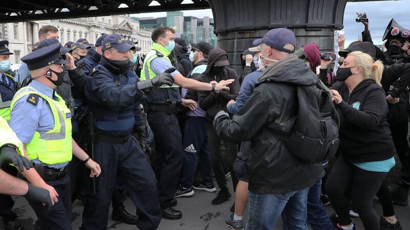 Gardaí policing one of the access routes to the  Custom House on Saturday.  Photograph Nick Bradshaw / The Irish Times