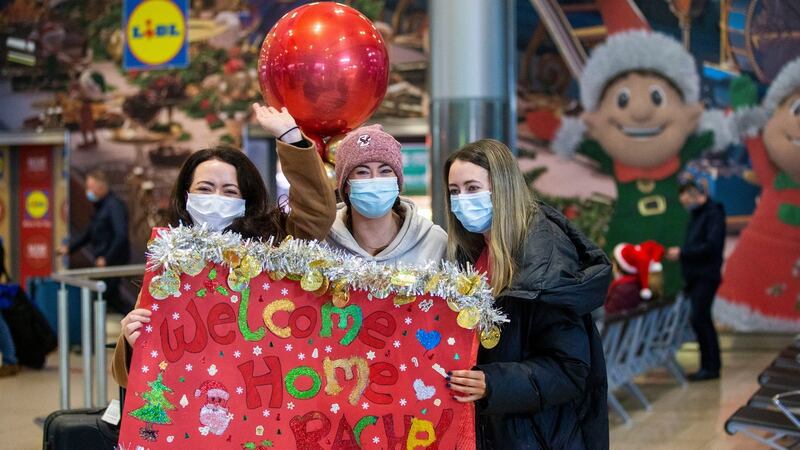 Sisters Nicole, Rachel and Leanne Pierce from Lucan: Rachel flew back from Boston for Christmas. Photograph: Tom Honan