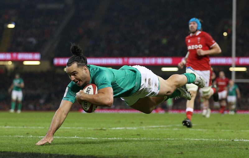 James Lowe scores Ireland's third try during the opening game against Cardiff in Wales. Photograph: Nigel French/PA Wire