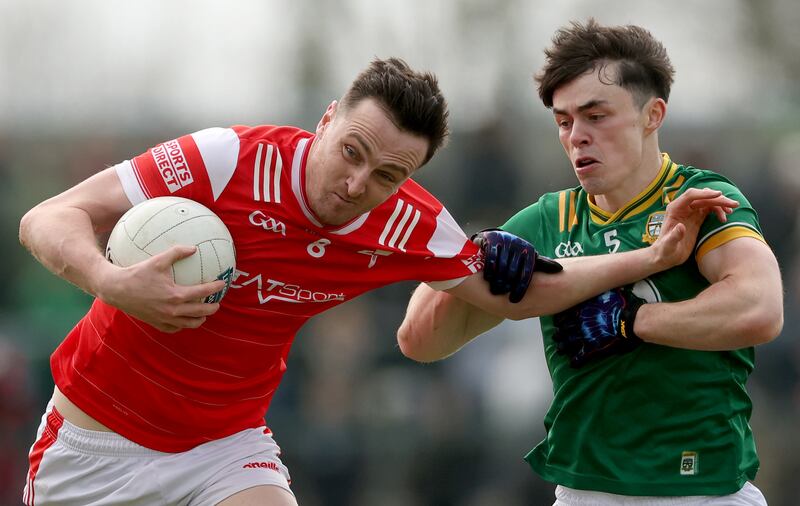 Louth’s Tommy Durnin and Eoin Harkin of Meath. Photograph: James Crombie/Inpho
