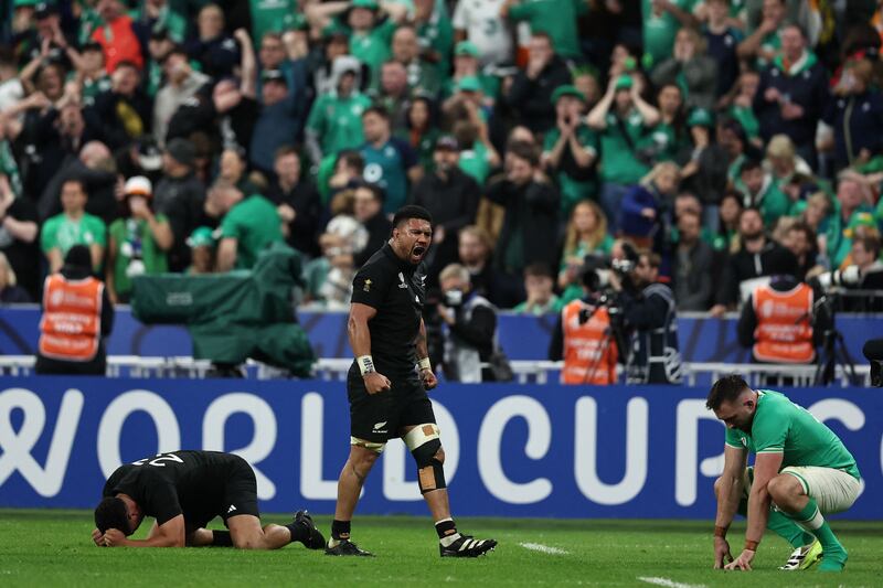 New Zealand's number eight Ardie Savea celebrates his team's victory after winning the France 2023 Rugby World Cup quarter-final match between Ireland and New Zealand at the Stade de France in Saint-Denis, on the outskirts of Paris on Saturday. Photograph: Franck Fife/AFP 