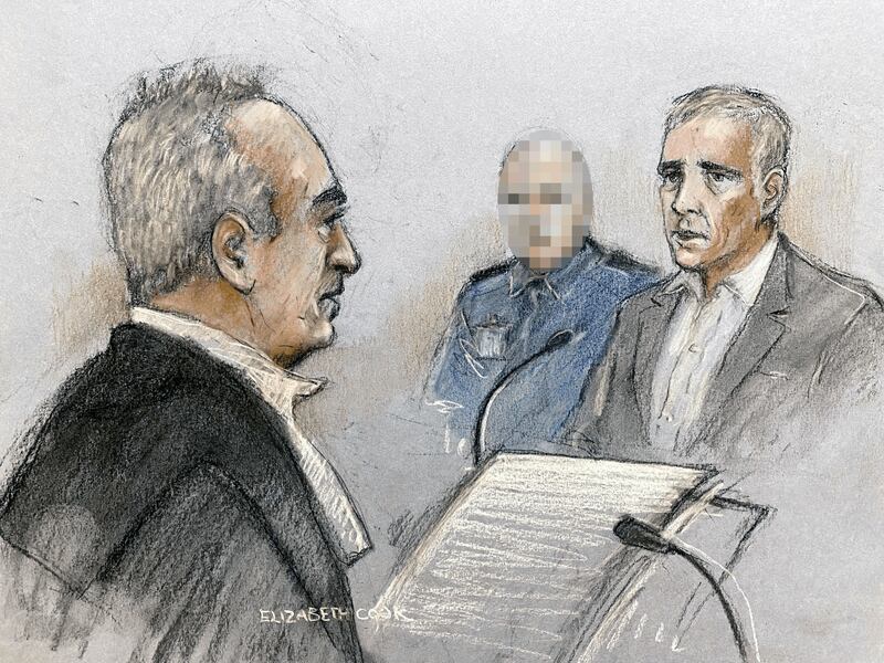 Jonathan Dowdall being cross examined by Mr Hutch's defence barrister, Brendan Grehan SC during the trial. Sketch by court artist  Elizabeth Cook