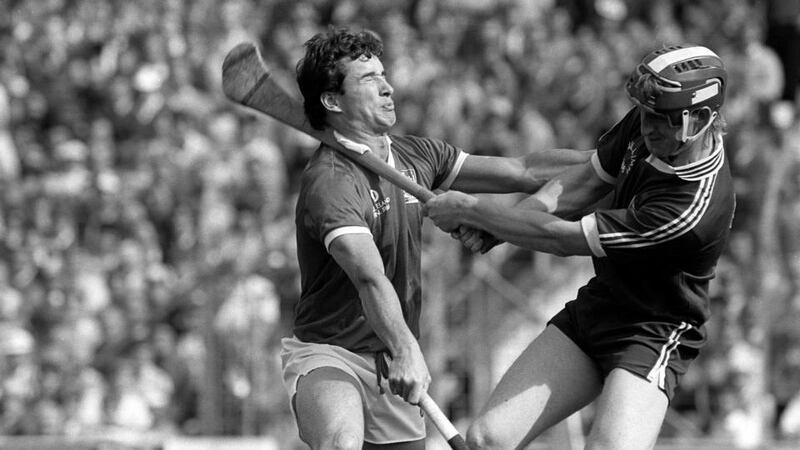 Tomas Mulcahy (L) of Cork and Tony Keady (R) of Galway clash during the 1986 All-Ireland final. Photo: Billy Stickland/Inpho