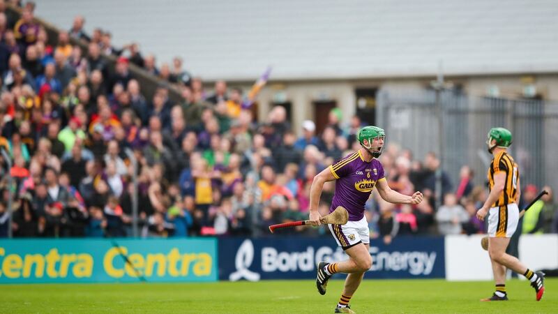 Wexford’s Matthew O’Hanlon celebrates a score during the victory over Kilkenny at Wexford Park in 2017. Photograph: James Crombie/Inpho