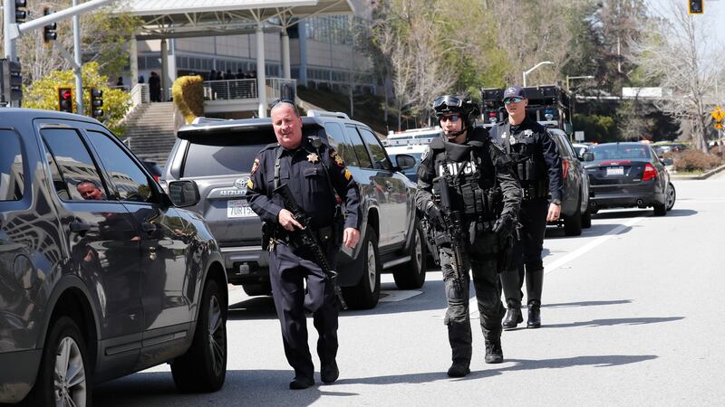 Police outside the street of the YouTube headquarters in San Bruno. Photograph: John G Mabanglo/ EPA