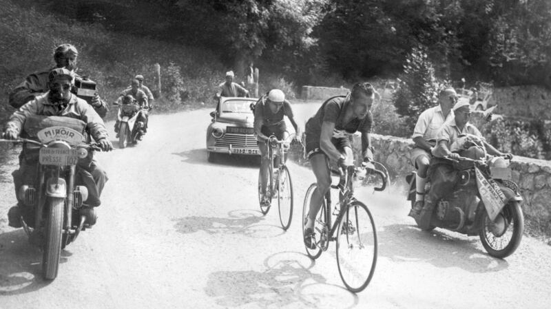 Swiss Hugo Koblet leads in front of Italian Fausto Coppi during the 14th stage of the 1951  Tour de France between Tarbes and Luchon. Photograph: AFP/Getty Images