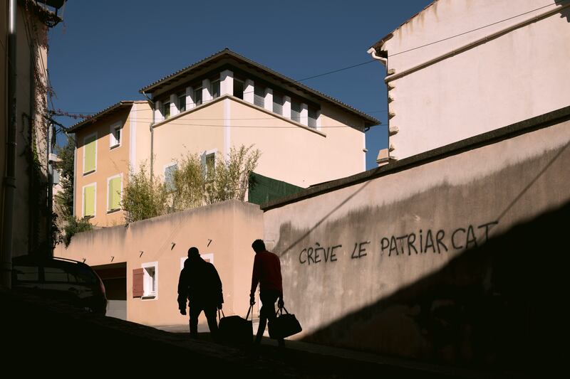 Graffiti that reads 'death to patriarchy' in Mazan, France, the small medieval village where Gisèle Pelicot used to live with her husband. Photograph: Dmitry Kostyukov/New York Times