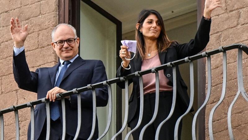 Rome’s newly elected mayor Roberto Gualtieri and outgoing mayor Virginia Raggi during a handover ceremony on October 21st.  Photograph: Alberto Pizzoli/AFP via Getty Images