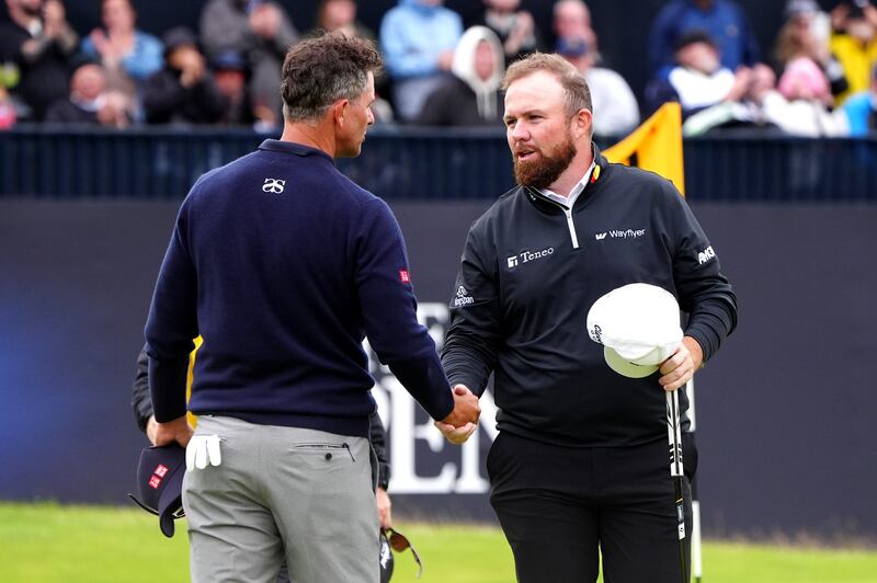Shane Lowry shakes hands with Australia's Adam Scott after the final round of the Open Championship at Royal Troon. Photograph: Jane Barlow/PA Wire
