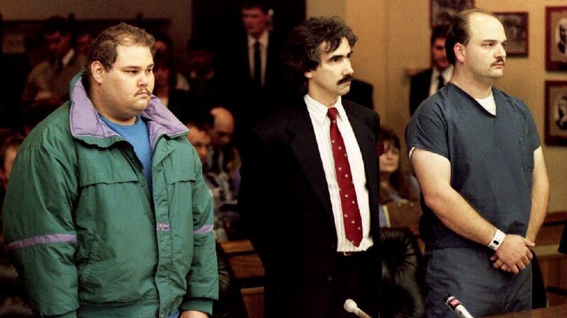 Shawn Eric Eckardt and fellow defendent Derrick Smith are joined by Smith’s attorney Robert Goffredi as they face arraignment in 1994. Photograph: Getty Images