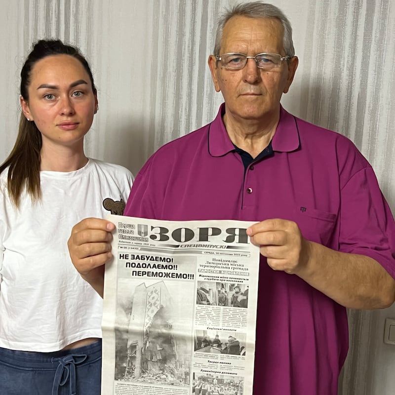 Oleksandr Pasichnyk, chief editor of Zorya newspaper in Lyman in eastern Ukraine, and his daughter Khrystyna Lebedieva, who manages the website and social media. Photograph: Courtesy of Oleksandr Pasichnyk