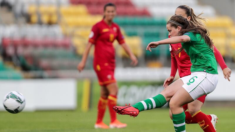 Tyler Toland scores a goal despite against  Montenegro in 2019. Photograph: Laszlo Geczo/Inpho