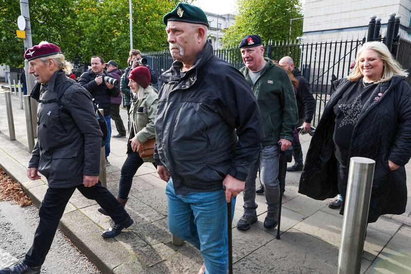 Supporters of Soldier F leave from Belfast Crown Court in Belfast on Thursday. Photograph: Paul Faith/AFP