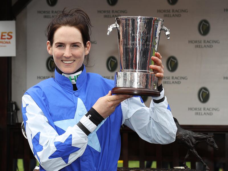 Rachael Blackmore celebrates winning the 2017 Champion Conditional Rider award at Punchestown. Photograph: Lorraine O'Sullivan/Inpho
