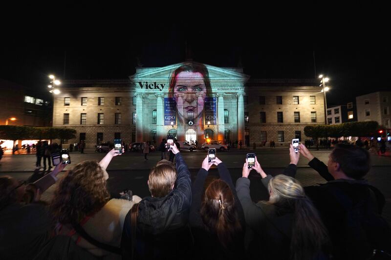 A digital artwork of Vicky Phelan is projected onto the GPO in Dublin to mark the release of a feature documentary about her life. Photograph: Brian Lawless/PA