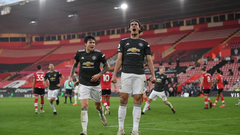 Edison Cavani celebrates scoring Manchester United’s equaliser against Southampton. Photograph: Mike Hewitt/EPA