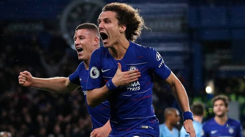 David Luiz celebrates after scoring Chelsea’s second goal against Manchester City. Photograph: Adrian Dennis/AFP/Getty Images
