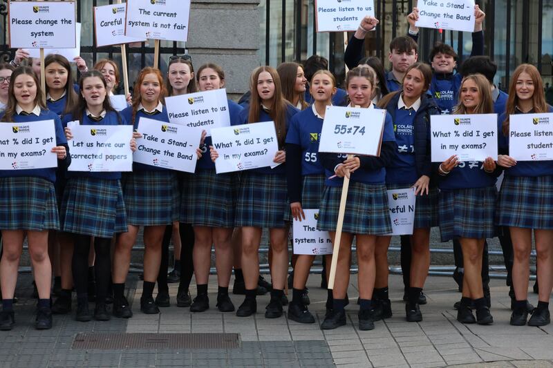 Students from Colaiste Bhride, Carnew, outside Leinster House calling for changes to the Junior Cycle grading system. Photograph: Stephen Collins/Collins Photos