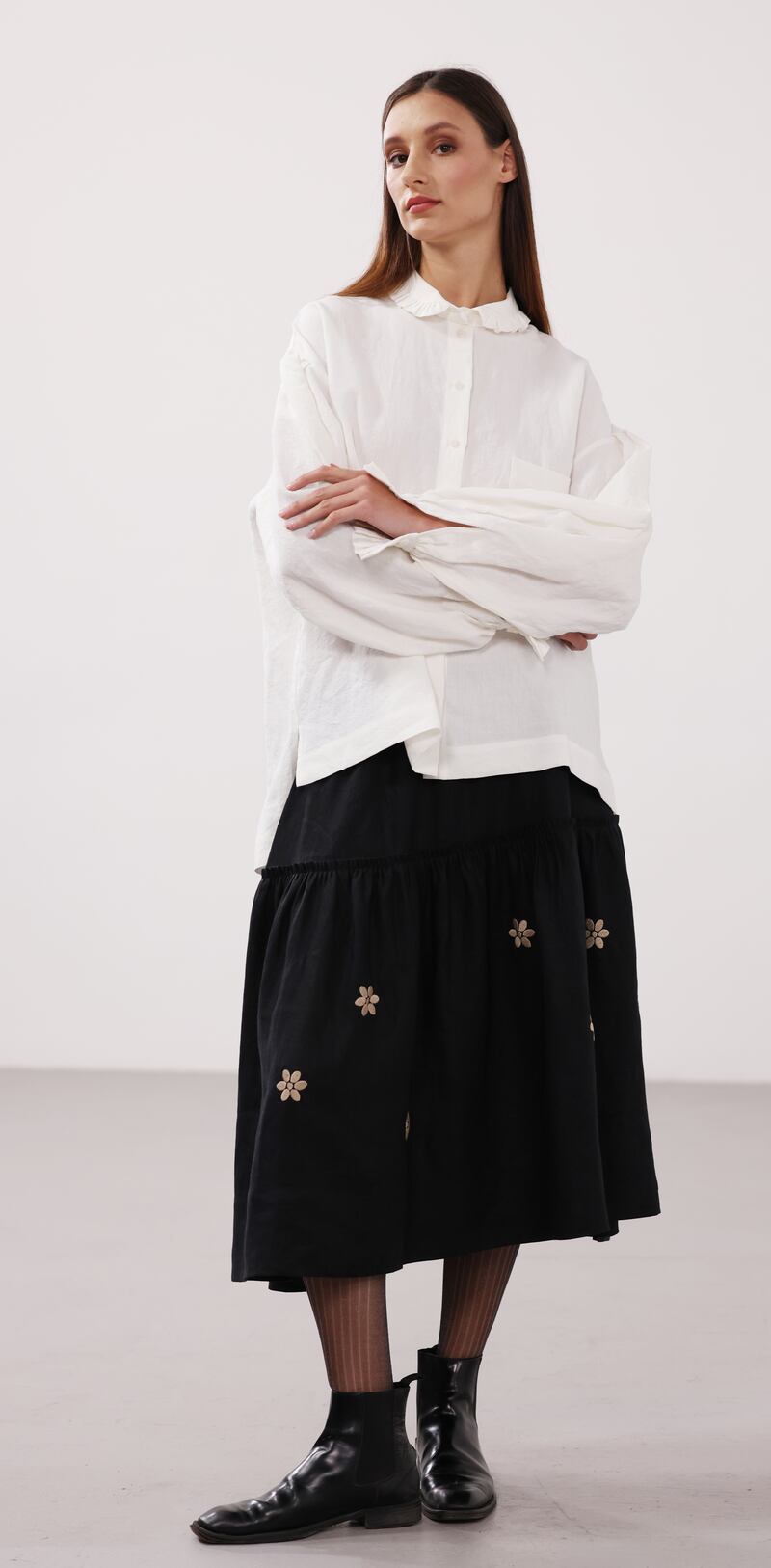 Maud oversize tumbled linen blouse, €290, and embroidered Winnie skirt, €280, both Jennifer Slattery