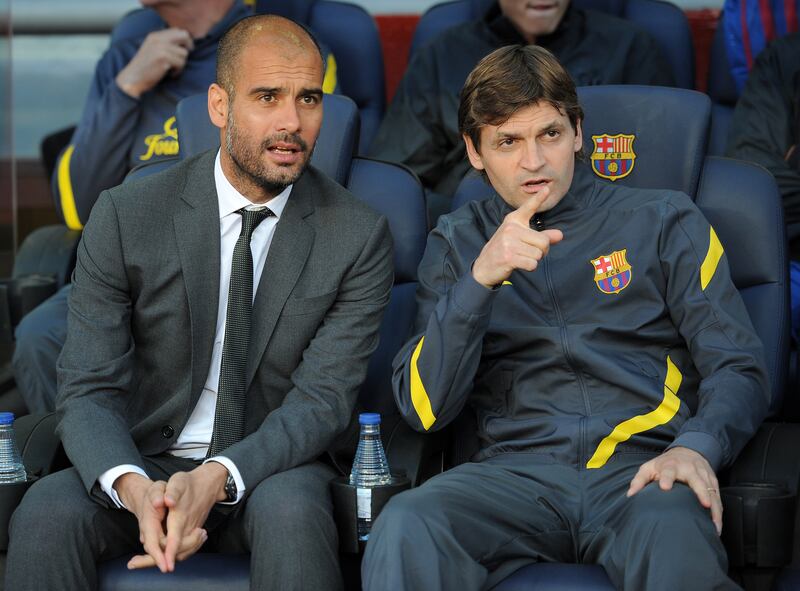 Josep Guardiola and Barcelona's then assistant coach Tito Vilanova. The pair subsequently had a serious falling out when Vilanova succeeded Guardiola in the job. Photograph: Lluis Gene/AFP via Getty Images 