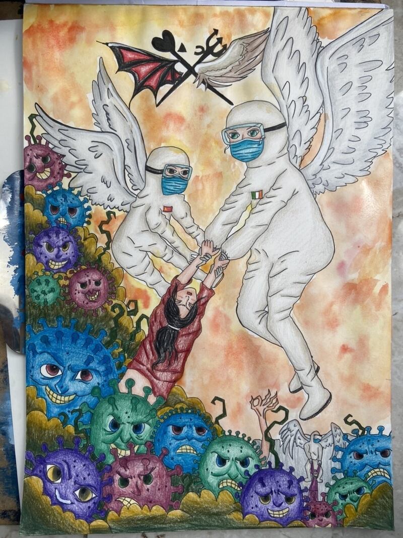 Sanee guo, aged 14.
This is how I see the situation we are in now and I think the doctors and nurses are seen as angles to fight the virus and save the people that are in the devil's hand. During the isolation I think that the fire line workers are always angels and I really pray for their safety.'