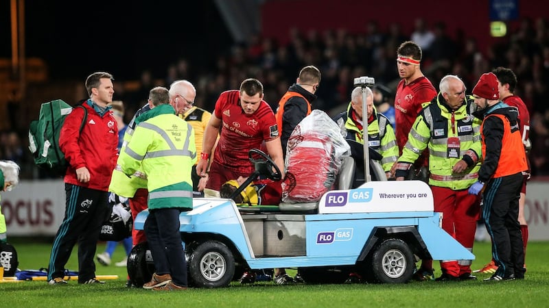 Chris Cloete is stretchered off during Munster’s victory over Leinster. Photograph: Gary Carr/Inpho
