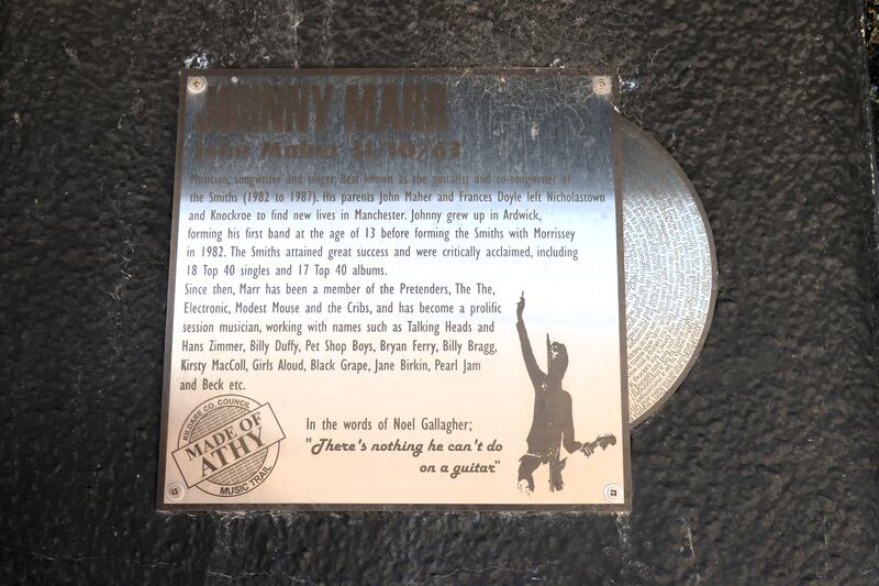 Plaque to Smiths guitarist Johnny Marr as part of the Made of Athy project. Photograph: Ronan McGreevy