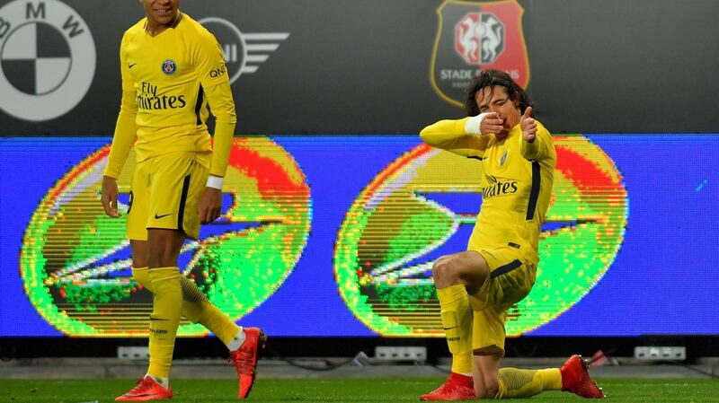 Paris Saint-Germain’s Uruguayan forward Edinson Cavani  celebrates after scoring a goal against  Rennes. Photograph:  Loic VenanceAFP/Getty Images