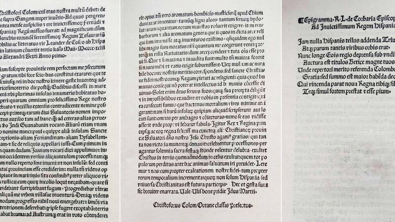 A handout image of the letter provided by the Italian Cultural Heritage Minister.The letter, printed in 1493, is considered of exceptional historical and archival value. Photograph: Italian Cultural Heritage Minister/EPA