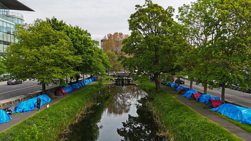 Tents pitched alongside the Grand Canal in Dublin. Photograph: Niall Carson/PA Wire