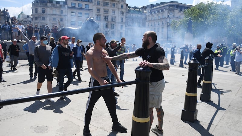 Protestors in Trafalgar square during a Black Lives Matter demonstration. Photograph: Neil Hall/EPA