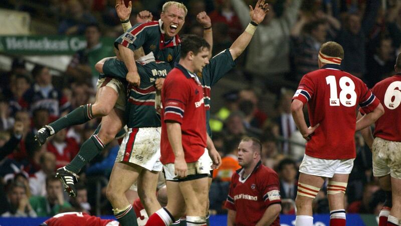 Neil Back and  Leicester celebrate at the end of the match after the controversial 2002 Heineken Cup final victory over Munster at the Millennium Stadium. Photograph: Patrick Bolger/Inpho