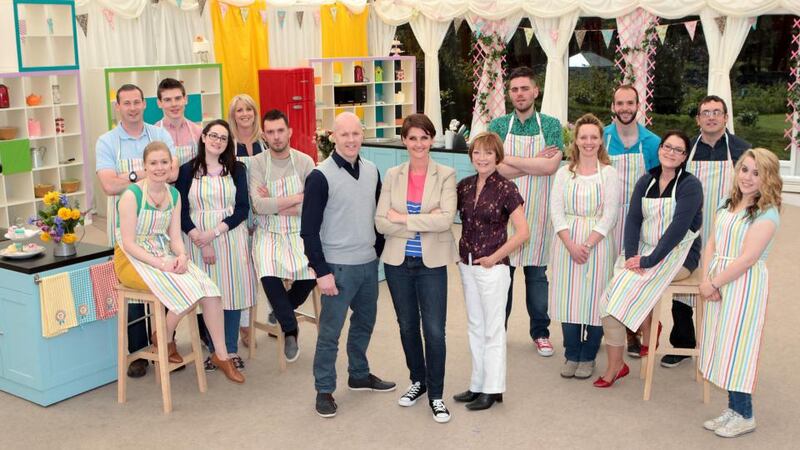 Contestants on The Great Irish Bake Off in 2013 with judge Paul Kelly, presenter Anna Nolan and judge Biddy White Lennon.