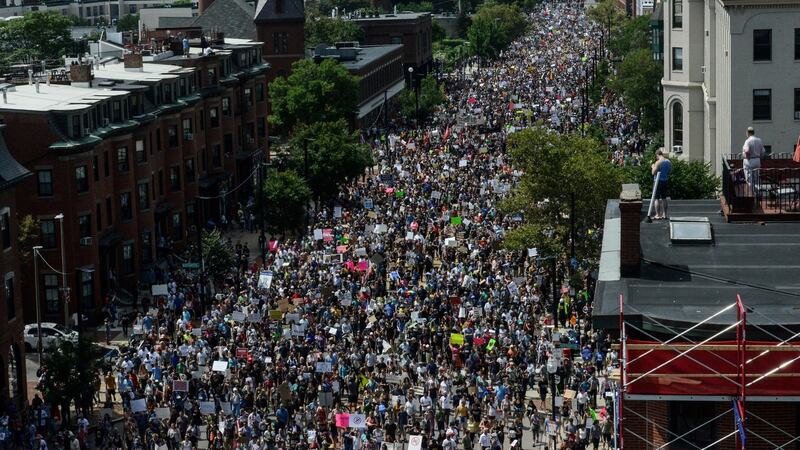 A large crowd of people march towards the Boston Commons to protest the Boston Free Speech Rally in Boston,  August 19th, 2017. Photograph: REUTERS/Stephanie Keith