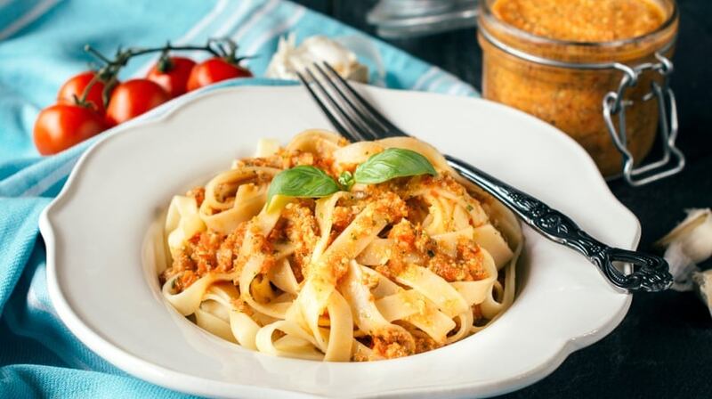 Fettuccine pasta with red Sicilian pesto. Photograph: badmanproduction/Getty Images/iStockphoto