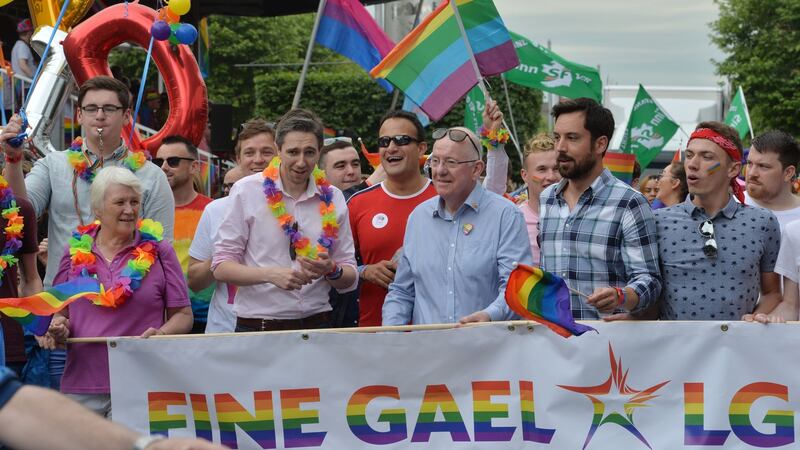 Minister of State Catherine Byrne, Minister of State for Health  Simon Harris, Taoiseach Leo Varadkar, Minister for Justice Charlie Flanagan and  Minister for Housing Eoghan Murphy are pictured during Dublin Pride on Saturday.  Photograph: Alan Betson/The Irish Times.