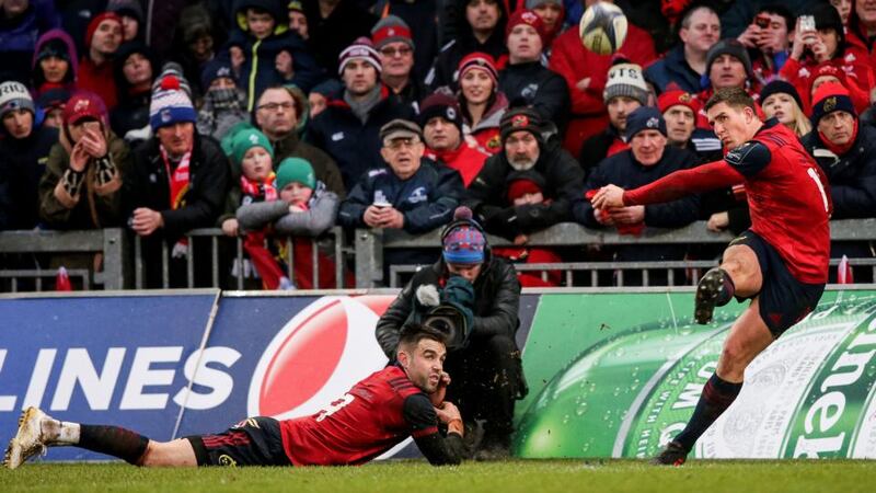 Munster’s Conor Murray with Keatley as he kicks a conversion during their win over Castres in the last pool match. Photo: Gary Carr/Inpho