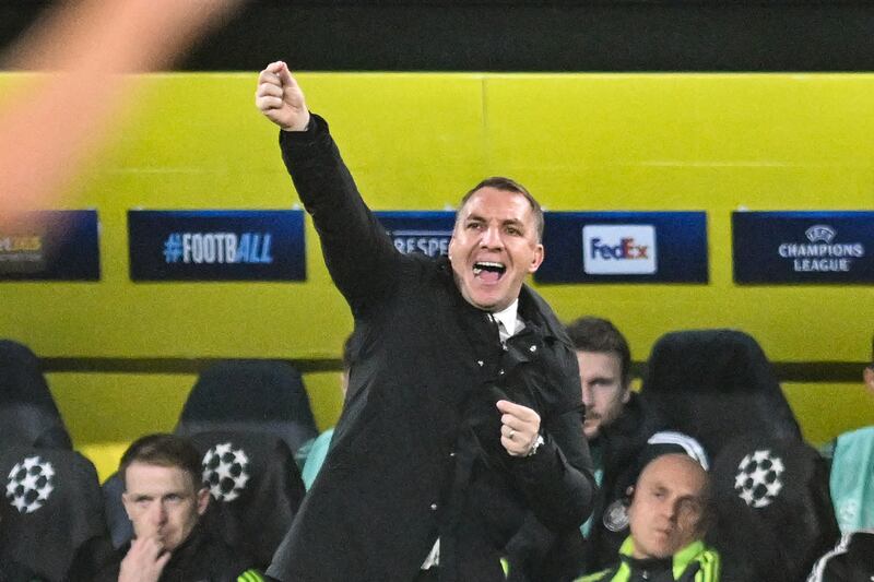 Celtic manager Brendan Rodgers during the heavy defeat to Borussia Dortmund. Photograph: PA Wire via DPA.
