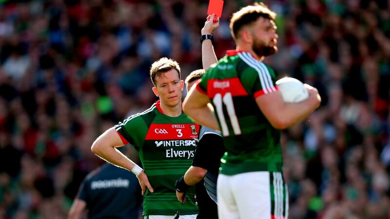 Donie Vaughan receives the red card.   It was  a life-changing event, a rush of blood to the head that he’ll never forget. Photograph: James Crombie/Inpho